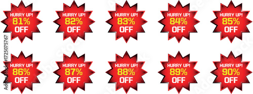 Ten red starburst discount badges with text hurry up and percentage off sale