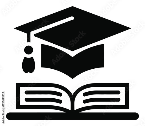 Black graduation cap and open book icon for education on white background