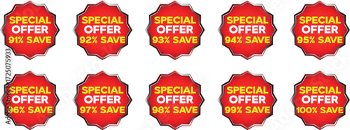 Ten red starburst badges with text special offer and percentage save from 91 to 100 percent vector