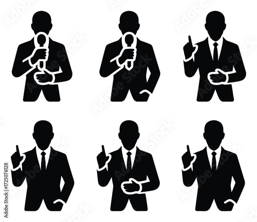 Collection of people in suits icons presenter with microphone, pointer up gesture