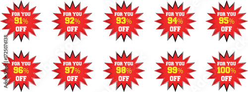 Ten red starburst discount badges with text for you 91 percent to 100 percent off sale