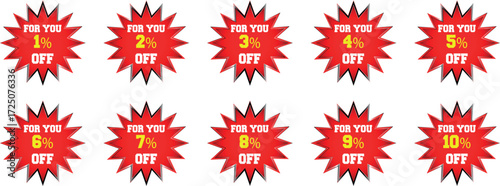 Red starburst discount badges with percentages from 1 to 10 percent off for you sale