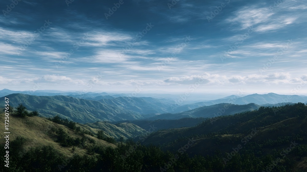 Fototapeta premium Expansive panoramic view of rolling green hills and distant mountains under a vast blue sky with scattered clouds