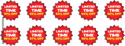 Red starburst discount badges with text limited time and percentage off sale
