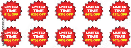 Ten red starburst badges with white text limited time and yellow text percentage off sale discount 1