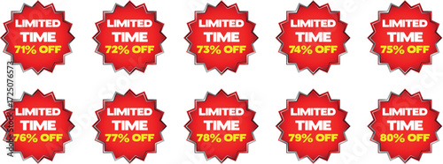 Ten red starburst badges with limited time discount percentages from 71 to 80 percent off sale