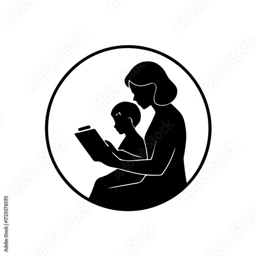 A heartwarming black and white silhouette icon of a mother sitting and reading a book to her child. This simple yet profoundly strong visual powerfully conveys the warmth, nurturing role