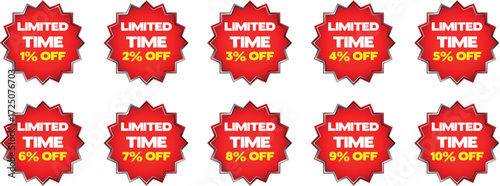 Red starburst badges with text limited time 1 percent to 10 percent off discount sale