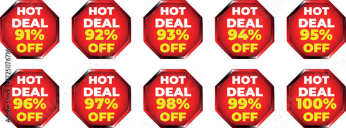 Ten red octagonal badges displaying hot deal discounts from 91 percent to 100 percent off sale offer