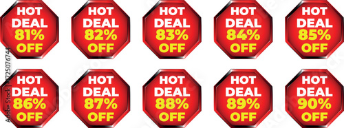 Red octagon badges with hot deal discount percentages from 81 to 90 percent off sale