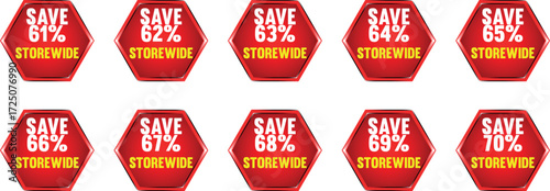 Ten red hexagonal badges displaying save percentages from sixty one to seventy percent storewide sale