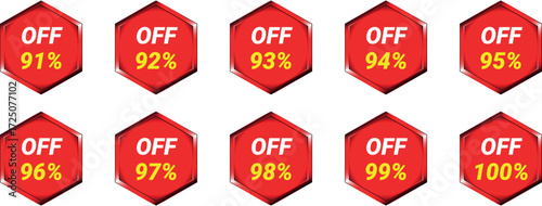 Red Hexagon Sale Badges 91 Percent to 100 Percent Off discount