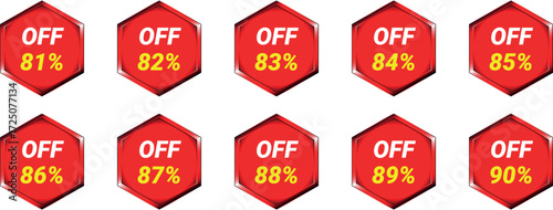 Red Hexagon Sale Badges Showing O F Percentages from 81 to 90 discount