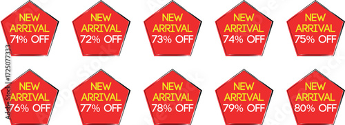 Red pentagon sale badges with new arrival and percentage off text discount offer 1