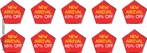 Red pentagon sale badges with new arrival and percentage off text discount offer