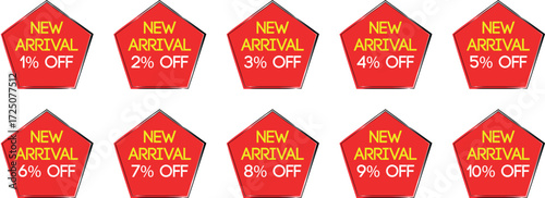 Red pentagon sale badges with yellow and white text showing new arrival discounts from 1 to 10 percent