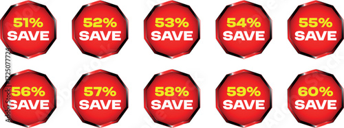 Red octagon badges with yellow percentage and white save text 51 percent to 60 percent discount sale