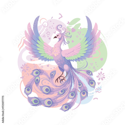 Majestic Phoenix with Flowing Feathers and Wings Spread Wide.