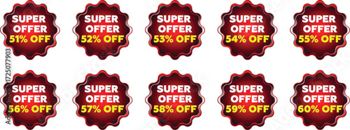 Ten red and yellow starburst badges displaying super offer discounts from 51 percent to 60 percent off