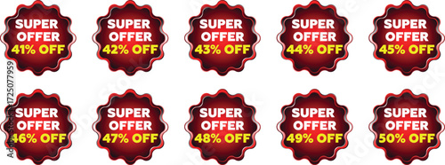 Ten red starburst badges with white text Super Offer and yellow text percentage off from 41 to 50 percent