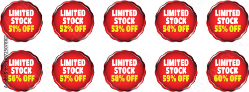 Collection of ten red discount badges with text limited stock and percentage off from 51 to 60 percent