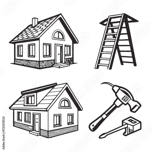 Vector illustration of modern house construction tools and equipment with flat design icons for real estate and building projects