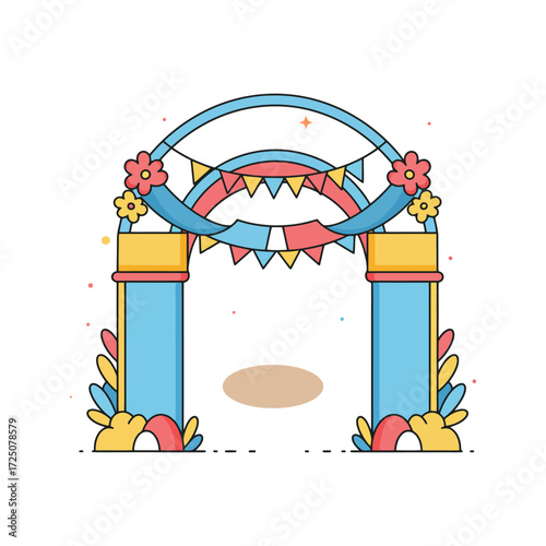 Colorful Celebration Archway with Flowers and Bunting Decoration.