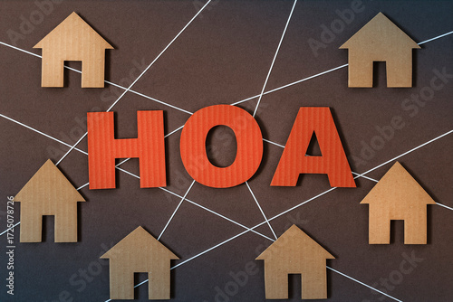 HOUSING COMMUNITY NETWORK AND PROPERTY ASSOCIATION CONCEPT - Abstract cardboard houses connected with HOA letters symbolizing neighborhood governance, real estate, unity, rules and management