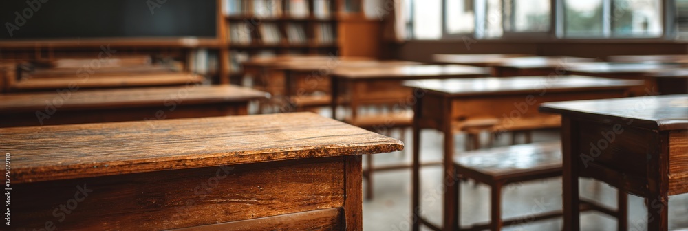 Fototapeta premium Elegant photo of empty schoolroom, blurred desks and tables in campus setting, empty classroom interior, school supplies.