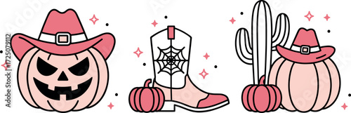 Pink Halloween party cowgirls disco country harvest farm girls night decor pumpkin cowboy hat outline drawings. Western girly theme boots spooky retro aesthetic doodle sticker pack clipart design.