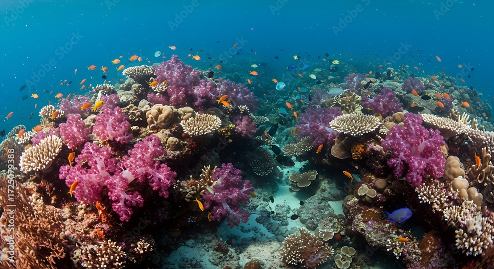 Fototapeta premium Coral reef ecosystem teeming with colorful fish and vibrant soft corals in clear blue ocean water