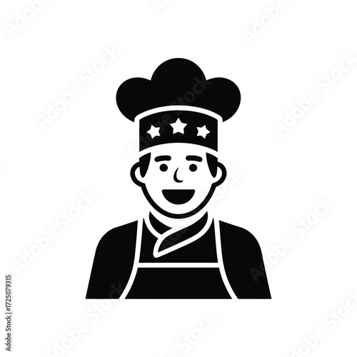 Black And White Icon Of Smiling Chef With Stars On Hat On White Background