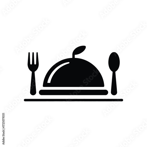 Black And White Icon Of Served Food With Spoon And Fork Isolated