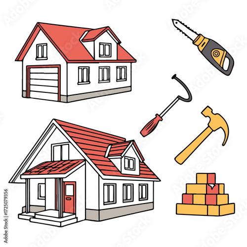 Creative vector of home development elements showing construction icons in modern flat style