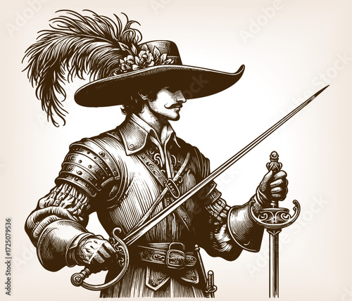 musketeer in armor holding a sword, wearing a feathered hat and mustache in classic style sketch engraving generative ai fictional character vector illustration. Scratch board. Black and white image.
