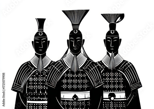 Ancient Chinese soldiers in armor stand together, showcasing their unique hairstyles and intricate armor designs. image captures sense of strength and unity among these historical figures