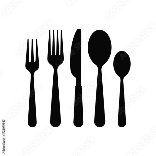Black And White Silhouette Of Flatware Two Forks, A Knife And Two Spoons