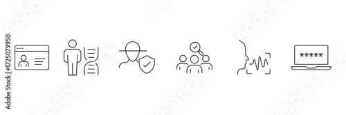 Identity set of web icons. Verification and identity icon set. Id icon set. Includes fingerprint, face ID, voice recognition, DNA, ID card. Vector illustration.