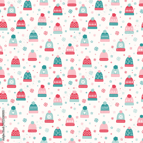 Colourful hand drawn winter hat background. Christmas seamless texture. Vector illustration