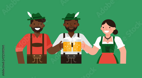 A vibrant flat design vector illustration of a happy and diverse group of friends in traditional Bavarian attire, raising their beer steins in a festive toast, perfectly capturing the spirit