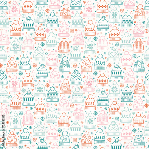 Seamless texture with colourful hand drawn winter hats. Christmas background design. Vector illustration