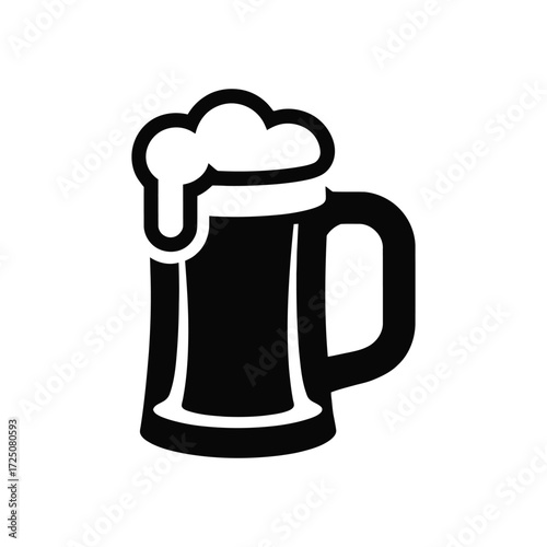 Black Beer Mug Icon Graphic, Frothy Drink Illustration on White Background