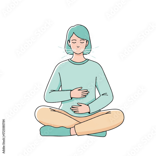 Serene woman with teal hair sitting cross-legged in a calming pose with hands on stomach against a clean white background.