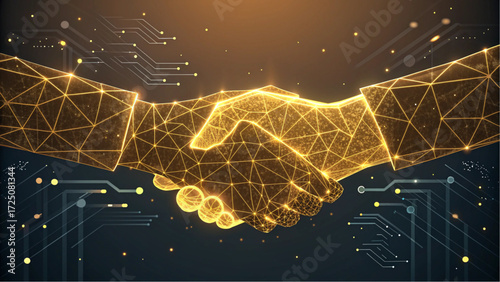 Digital handshake representing technology partnership and global business connection
