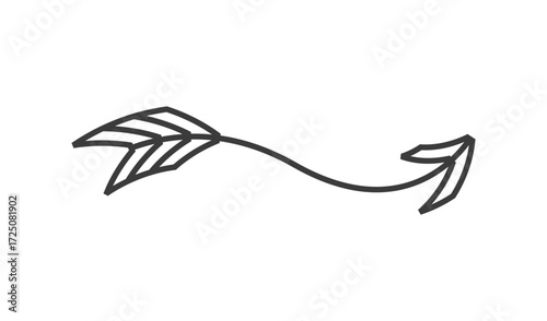 Hand drawn wavy arrow with feathered fletching and curved tail
