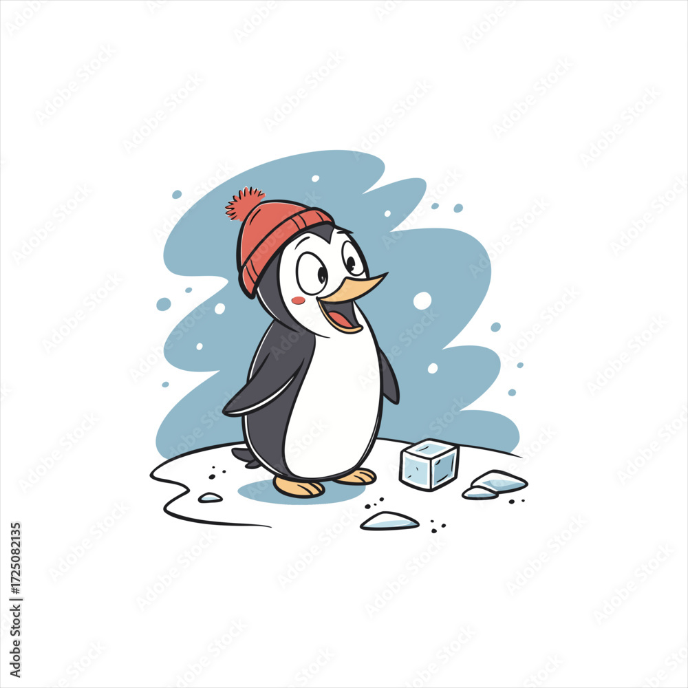 Fototapeta premium Cute cartoon penguin wearing a red hat standing on ice with ice cubes