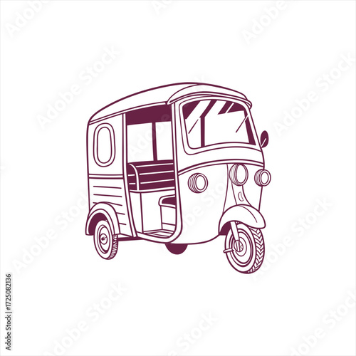 Hand drawn illustration of a three wheeled auto rickshaw vehicle