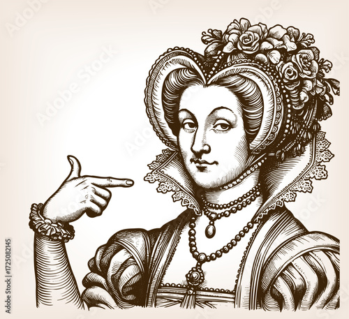 Renaissance-style noblewoman, smirking while pointing a finger in a sarcastic gesture sketch engraving generative ai fictional character vector illustration. Scratch board imitation. Black and white.