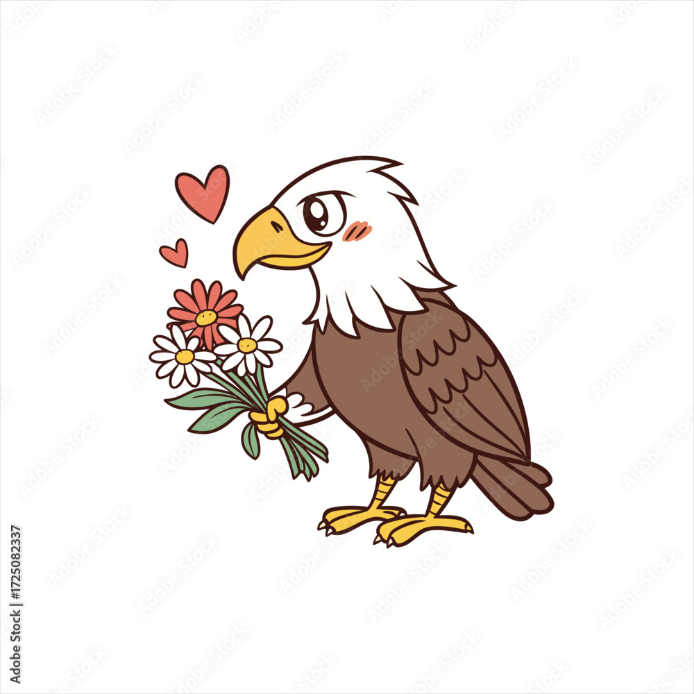 Fototapeta premium Cute cartoon bald eagle holding a bouquet of flowers and hearts