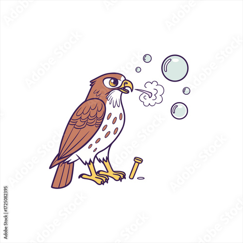 Cute cartoon hawk blowing bubbles and holding a nail